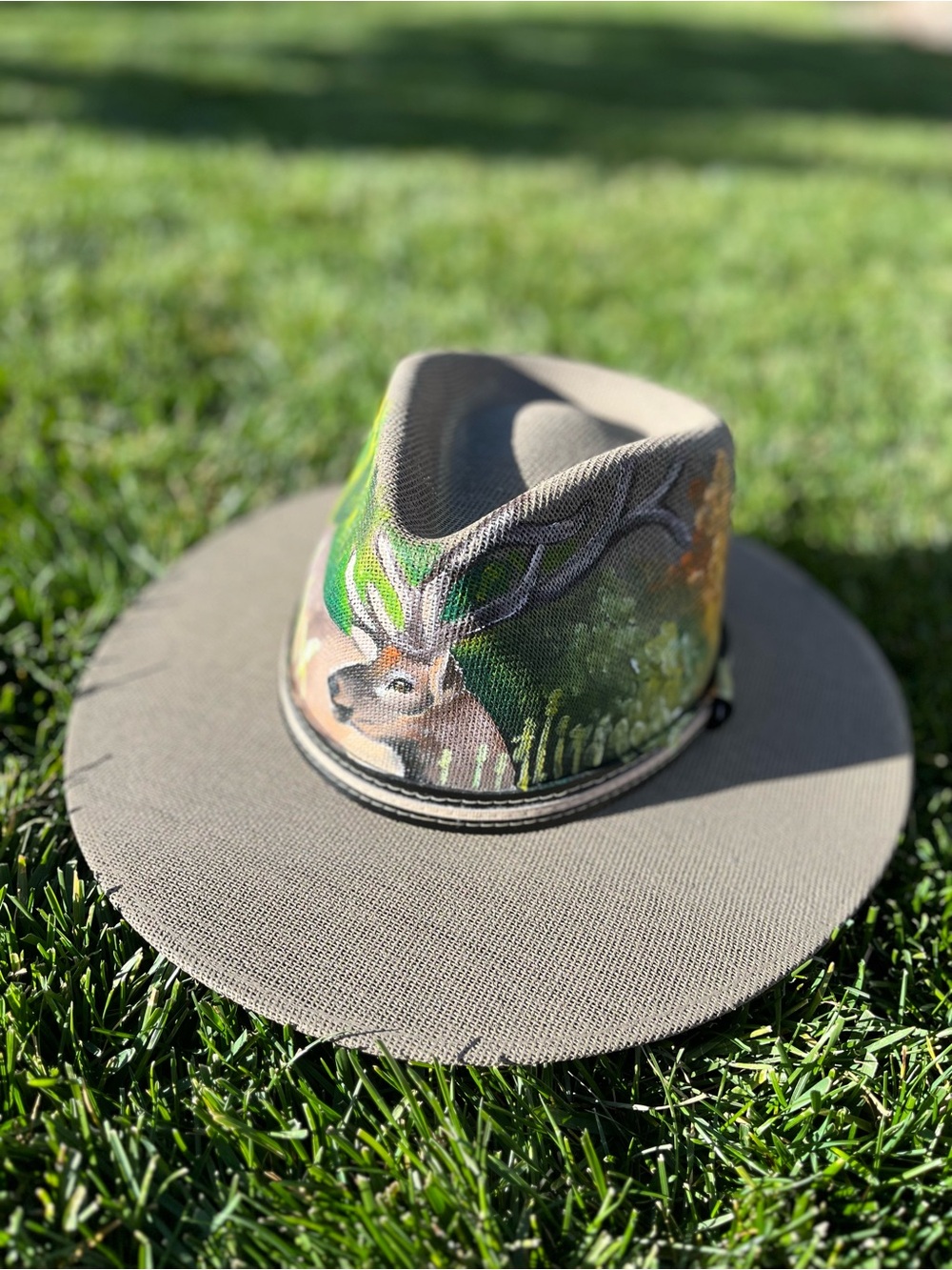 Unisex Hand-Painted Stag Wide-Brim Hat in Olive